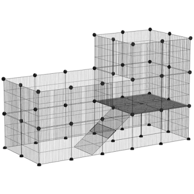 Afbeelding van PawHut Kleintiergehege Kleintierkäfig mit 39 Platten Freigehege Rampe DIY Gittergehege Metall Kleintiere öffenbar Schwarz 140 x 70 105 cm