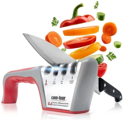 Afbeelding van COM FOUR® Premium messenslijper met 4 niveaus, ook geschikt voor scharen professionele handmatige praktisch handvat en antisliplaag (1 stuk zilverkleurig. Grijs. rood)