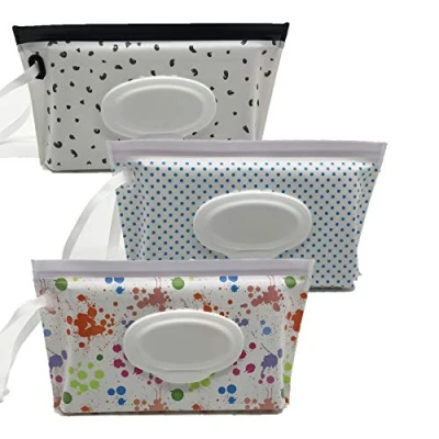 Afbeelding van ULVBABI draagbare dispenser voor vochtige doekjes (3 stuks), herbruikbare wegwerpzakjes babyluiers, hervulbare persoonlijke reistas, houdt nat (blad en pijlpatroon)