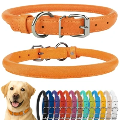 Afbeelding van CollarDirect Opgerolde lederen halsband, zachte gewatteerde ronde puppyhalsband, handgemaakte halsband voor honden en kleine grote katten, zwart roze rood paars blauw (geschikt 50 58 cm