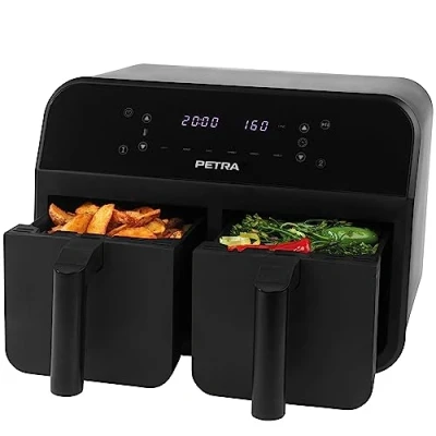 Afbeelding van Petra PT4750BLKVDE Dubbele Airfryer van 7,4 liter, Antiaanbaklaag, Sync &amp; Match Kookfunctie, 2 XL Frituurlades Voor Onafhankelijk Bakken, Digitaal Leddisplay met 6 Voorinstellingen, 2400W