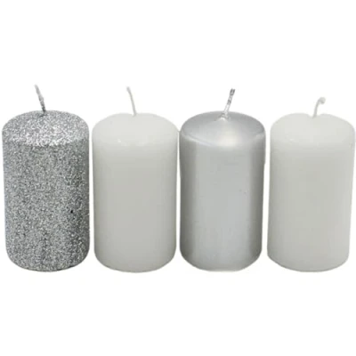 Afbeelding van Stomkaars, adventskaarsen, adventskrans, kaarsen, zilver en wit, verschillende tinten, afmetingen H/diameter ca. 7 x 4 cm, 250 g, brandduur 10 uur