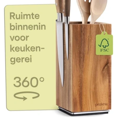Afbeelding van Praknu Messenblok Magnetisch 360 Draaibare Messenhouder FSC® Acaciahout met ruimte voor keukengerei Sterke magneet aan beide zijden Antislip