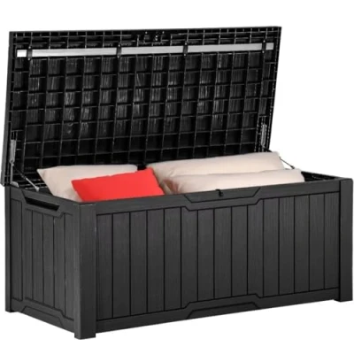 Afbeelding van YITAHOME Tuinopbergdoos, waterdicht, 450 l, grote opbergdoos voor buiten met deksel, afsluitbare dekdozen, outdoor opbergcontainers terraskussens, tuingereedschap, zwart, 140 x 66 59 cm