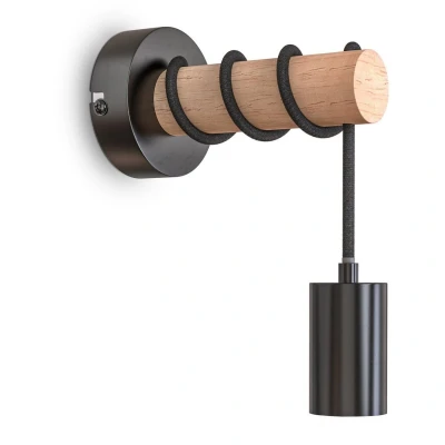 Afbeelding van B.K.Licht Landelijke wandlamp voor binnen industriele zwarte houten netstroom met 1 lichtpunt slaapkamer bedlamp E27 fitting excl. lichtbron