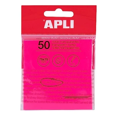 Afbeelding van APLI 19570 zelfklevende notities, transparant, 75 x mm, kleur: roze, 50 transparante vellen, waterbestendig, ideaal voor studenten en leraren.