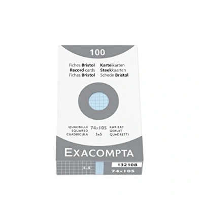 Afbeelding van Exacompta 13210B verpakking (met 100 indexkaarten, ongeperforeerd, DIN A7, 7,4 x 10,5 cm, geruit, ideaal voor school), per stuk verpakt, blauw