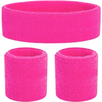 Afbeelding van 3 in 1 zweetband roze set met hoofdband als accessoire mul kostuum voor retro neon 80s 90s carnaval &amp;