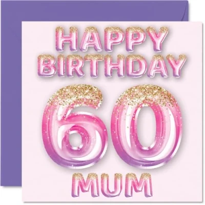 Afbeelding van 60e verjaardagskaart voor mama roze en paarse glitterballonnen gelukkige verjaardagskaarten 60 jarige moeder, moeder van zoon dochter, 145 mm x cadeau