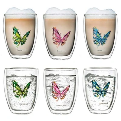 Afbeelding van Creano thermo glas Colourfly dubbelwandig theeglas, latte macchiato, mok vlinder 250 ml in exclusieve geschenkdoos, set van 6