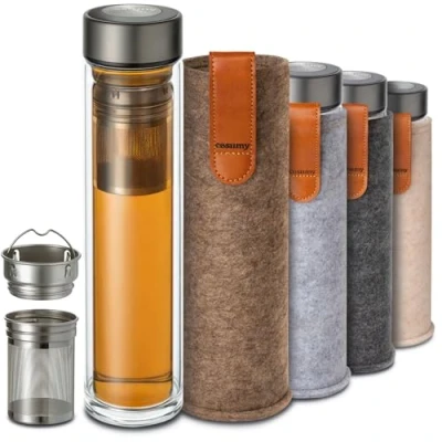 Afbeelding van Theefles met Filter Glazen voor Thee 500ml Dubbelwandig Glas vilten zakje Hittebestendig Lekvrij Vaatwasmachinebestendig (Zandbruin)