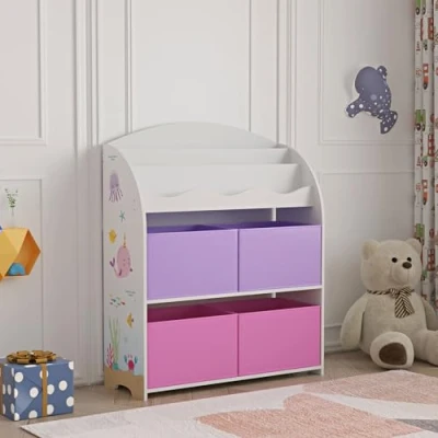 Afbeelding van [en.casa] Kinderboekenkast Orust kinderrek met motief speelgoedkast 97,5x82,5x29,5 cm 4 opbergdozen oceaan