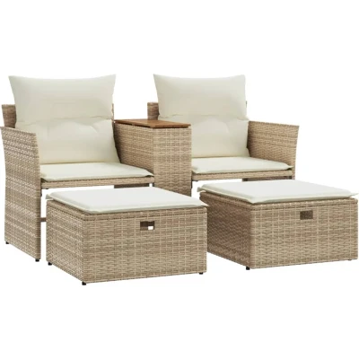 Afbeelding van Tuinbank 2 zits met voetenbanken poly rattan beige
