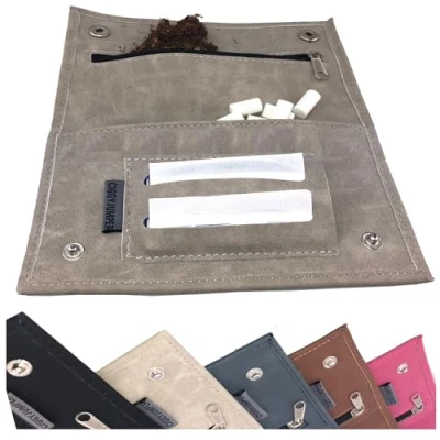 Afbeelding van Ciggy Jumper Tabaktas Used Leather Touch Tabakzak voor draaitabak met vakken filters vloeitjes aansteker, Stone Double