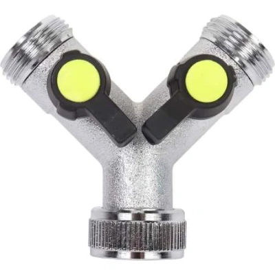 Afbeelding van Talen Tools Y Stuk t.b.v. Tuinslang met 2 Bolkraantjes Ingang Ø 1&quot; Inwendige en Uitgang 3/4&quot; Uitwendige Messing