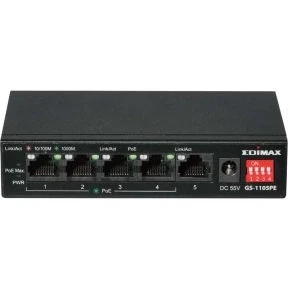 Afbeelding van 5 poorts Gigabit PoE+ schakelaar met lange reikwijdte, 4 poorten en DIP