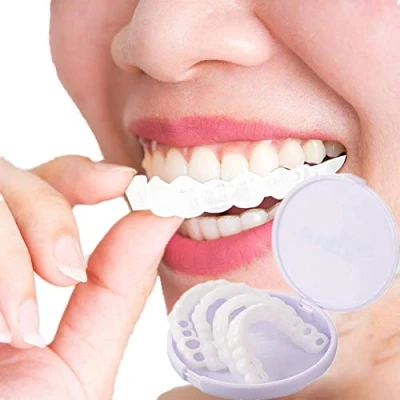 Afbeelding van 2 paar cosmetische tanden fineers, neptanden fineer klikbare boven en onderkant valse comfort fit flex instant perfecte glimlach kunstgebit bedekken de onvolmaakte tanden, bovenste