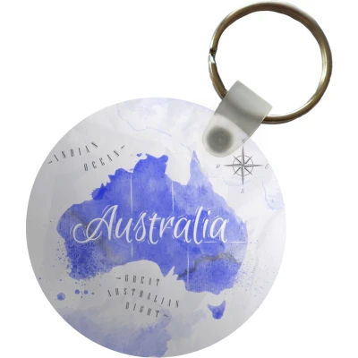 Afbeelding van Sleutelhanger Wereldkaart Australië Blauw Plastic Rond Uitdeelcadeautjes