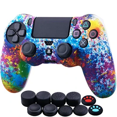 Afbeelding van YoRHa Watertransferdruk Camouflage Siliconen Hoesje Skin Cover voor Sony PS4/Slim/Pro Dualshock 4 Controller x 1 (spattende verf) met Duimgrepen Thumb Grip 10