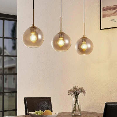 Afbeelding van Lindby hanglamp 3lichts staal, glas E27 rookgrijs, messing, zwart