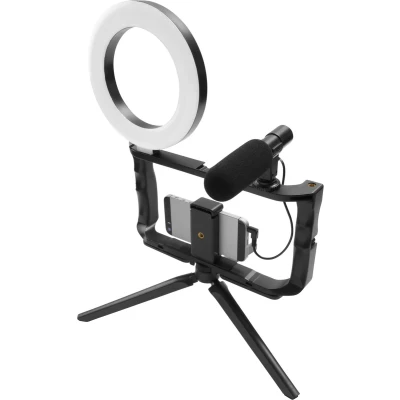 Afbeelding van GadgetMonster Smartphone vlogging kit voor YouTube video&#039;s, bestaande uit statief, richtmicrofoon en ringlicht Apple, Samsung, Huawei, Xiaomi, OnePlus LG smartphones, zwart, GM006