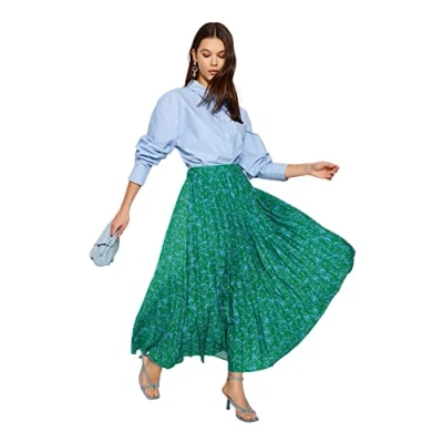 Afbeelding van Trendyol Groene Geplooide Geweven Rok Met Bloemenpatroon En Elastische Taille Tctss23Ee00018