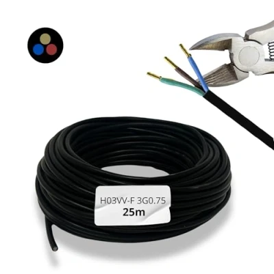 Afbeelding van HALOTEC 25 meter Elektrische kabel 3 aders 3x0.75 Verlengkabel H03VV F Installatiekabel Stroomkabel PVC Zwart Ronde Mantelkabel Driekernkabel
