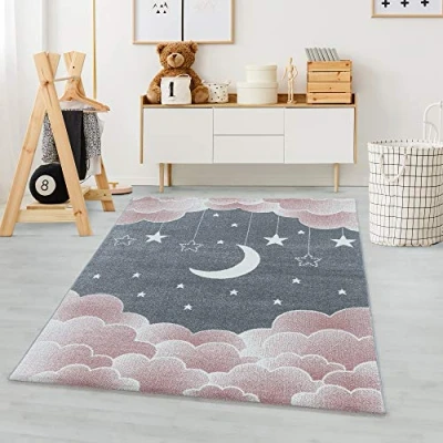 Afbeelding van Kindertapijten, Kleur Roze, Maan en ster ontwerp, 102281, Vloerkleed Rechthoekig, kinderkamer babykamer, 160 x 230 cm