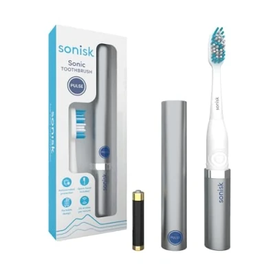Afbeelding van Sonisk Pulse Elektrische tandenborstel op batterijen Draagbaar reisformaat met antimicrobiële sonische technologie 1x batterij, 2x opzetborstels, reiskoffer inbegrepen (metallic zilver)