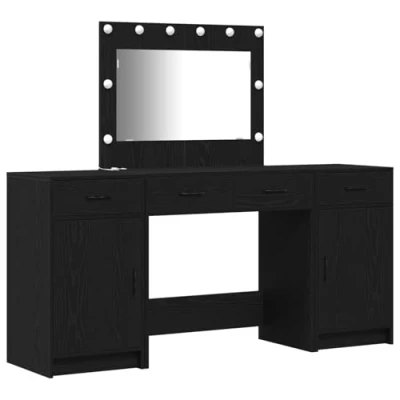 Afbeelding van vidaXL Kaptafel Set van 3 Zwart Eiken Gefabriceerd hout Spiegel