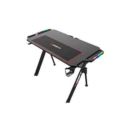 Afbeelding van Drift Gaming DRDZ150 tafel met Carbon Fibre tafelblad bedekt door een full size muismat, beker en Headset houder, RGB zijverlenging, kabel organisator, kleur Zwart