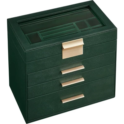 Afbeelding van Famanu Sieradendoos, sieradendoos met 4 niveaus, glazen deksel, 3 laden, voor zonnebrillen, grote sieraden, sieraden opbergen, modern, bosgroen goud JBC161G01