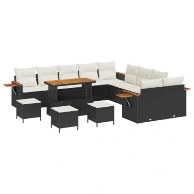 Afbeelding van vidaXL 14 delige Tuin Sofa Set met Kussens Zwart Poly Rattan Acacia, 4 Eetset Acacia