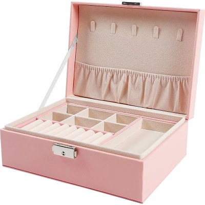 Afbeelding van Sieradendoos Met 2 lagen slot Sieraden opbergdoos Organizer Roze lederlook