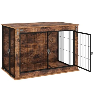Afbeelding van PawHut Hundekäfig Möbel, Hundebox mit 2 verschließbaren Türen, Beistelltisch für Zuhause, Hundehaus große Hunde unter 30 kg, Stahl, 98 x 60 65,5 cm, Rustikales Braun