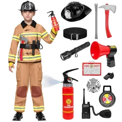 Afbeelding van Spooktacular Creations brandweerman kostuum, kinderbrandweerrollenspelset met brandblusser, brandweerhelm, speelgoed, verkleedkleding voor jongens meisjes, carnaval,