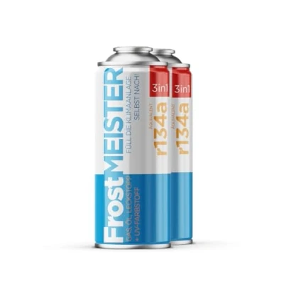 Afbeelding van FrostMEISTER 3 in 1 Navulset voor auto airconditioning, 2 x 400 ml, snel en eenvoudig koelmiddel/olie/afdichtmiddelsysteem (R134a 1995 2016)