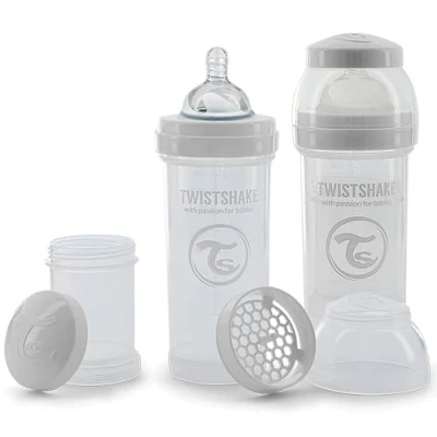 Afbeelding van Twistshake 2x Antikoliek Babyflessen Met Melkpoedercontainer En Mixer 260ml Gedmiddeld Stromende Siliconen Speen BPA Vrije Babymelkfles 2+ Maanden Wit