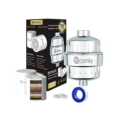 Afbeelding van Ecomky Douchefilter, 18 standen, universeel, vervangbaar, waterreiniger, F 18, beschermt huid en haar, 2 cartridges, vitamine C, hoge druk, verzacht water, vermindert chloor metalen, verlicht jeuk