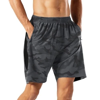 Afbeelding van HMIYA Sportshorts voor heren, sneldrogend, korte broek met zak ritssluiting (camouflagegrijs, L)