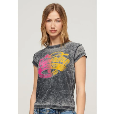 Afbeelding van Superdry FADE ROCK Graphic Capped Sleeved Tshirt print, Dames, Maat: 32, Jet black