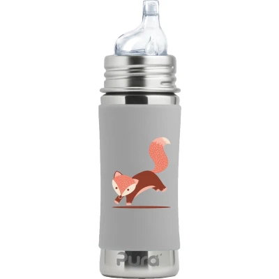 Afbeelding van Pura Tuitfles 325 ml Tuitbeker Meegroeiend Plasticvrij Vaatwasserbestendig Biedt Weerstand aan het Bijtinstinct Inclusief Siliconen Tuit, Reisdop en Sleeve Vossen