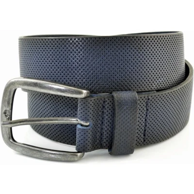 Afbeelding van BLAUWE CASUAL RIEM VAN 4CM BREED MET GAATJESPRINT. ITALIAANS NERFLEER EN NIKKELVRIJE GESP. MAAT 115