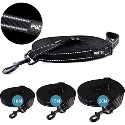 Afbeelding van PetTec Looplijn 10 m/15 m/20 m, trainingslijn voor honden, van extra sterk D860 nylon, vuil en waterafstotend, robuuste lange langlauflijn, hondenriem, verstelbare hondenlijn, puppylijn, lang