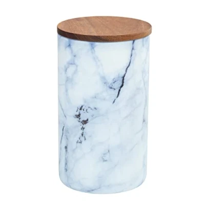 Afbeelding van WENKO Voorraadpot Mio, bewaarpot van borosilicaatglas in marmerlook blauw/wit met luchtdicht deksel FSC® gecertificeerd bruin acaciahout, 1 liter, Ø 11 x 14,5 cm