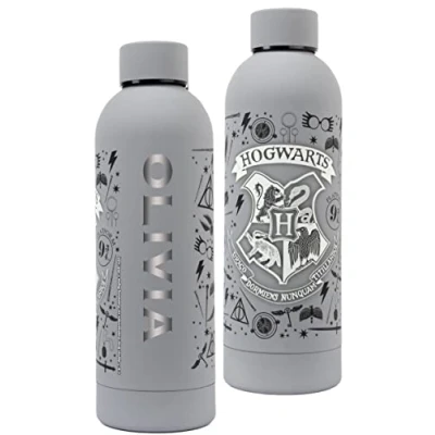 Afbeelding van Harry Potter Roestvrijstalen waterfles gepersonaliseerde grijs Zweinstein Design 700ml lekvrije geschenken