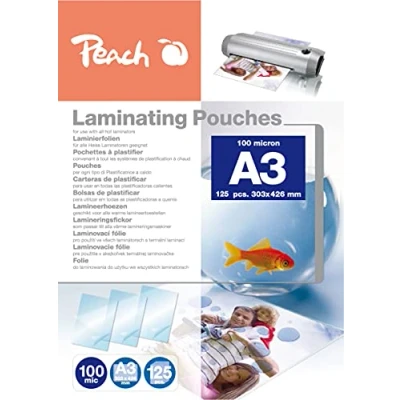 Afbeelding van Peach Lamineerfolie A3 100 mic 125 pouches glanzend premium kwaliteit voor de beste lamineerresultaten compatibel met apparaten van alle merken PP500 01P
