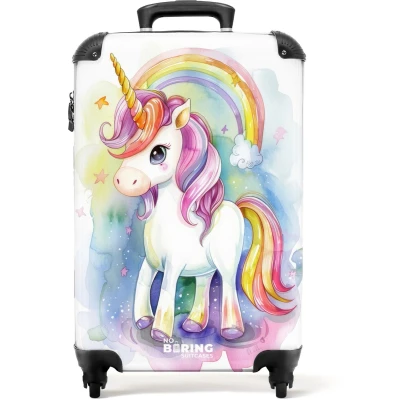 Afbeelding van NoBoringSuitcases.com® Kinderkoffer Kindertrolley Eenhoorn Regenboog Kleurrijk Handbagage koffer lichtgewicht Reiskoffer trolley Rolkoffer met wieltjes Past binnen 55x40x20 en 55x35x28