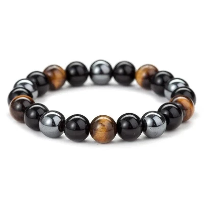 Afbeelding van Bixorp Gems Tijgeroog + Hematiet Onyx Edelstenen Armband Gepolijste Edelsteen Kralenarmband 20cm