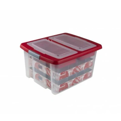 Afbeelding van SUNWARE Nesta Kerstbox 32 Ltr met trays voor kerstballen (Ø70 80mm) transparant/rood